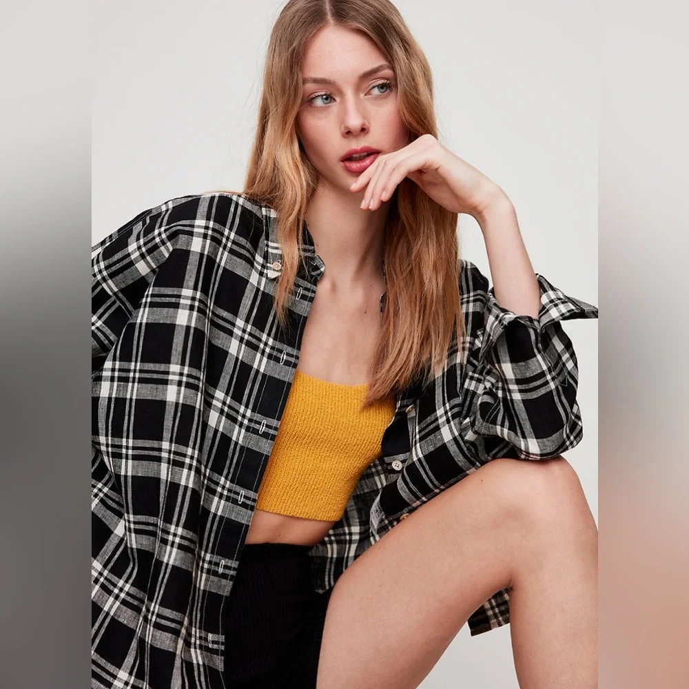 Aritzia Wilfred plaid Tanis linen button top sz xxs work once - Picture 11 of 12
